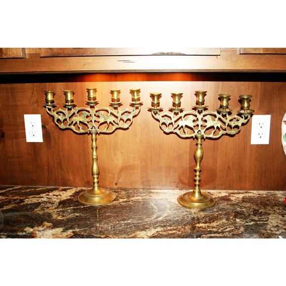 Antique Set of Judea Lions Three-Armed Shabbat Candelabra - Picture 1 of 8
